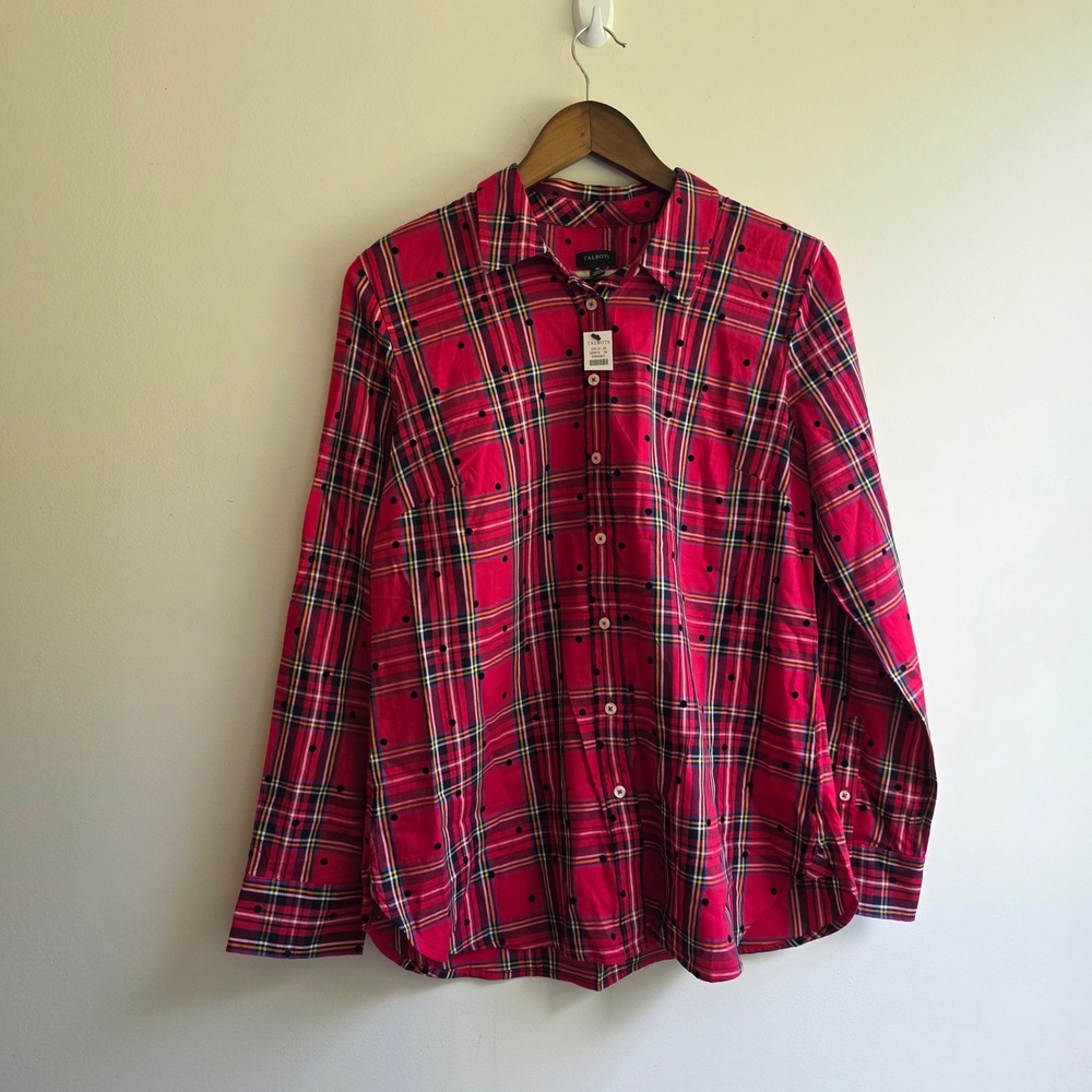 Talbots Red Plaid Velvet Polka Dot Button Down Shirt Medium NWT Maximalist